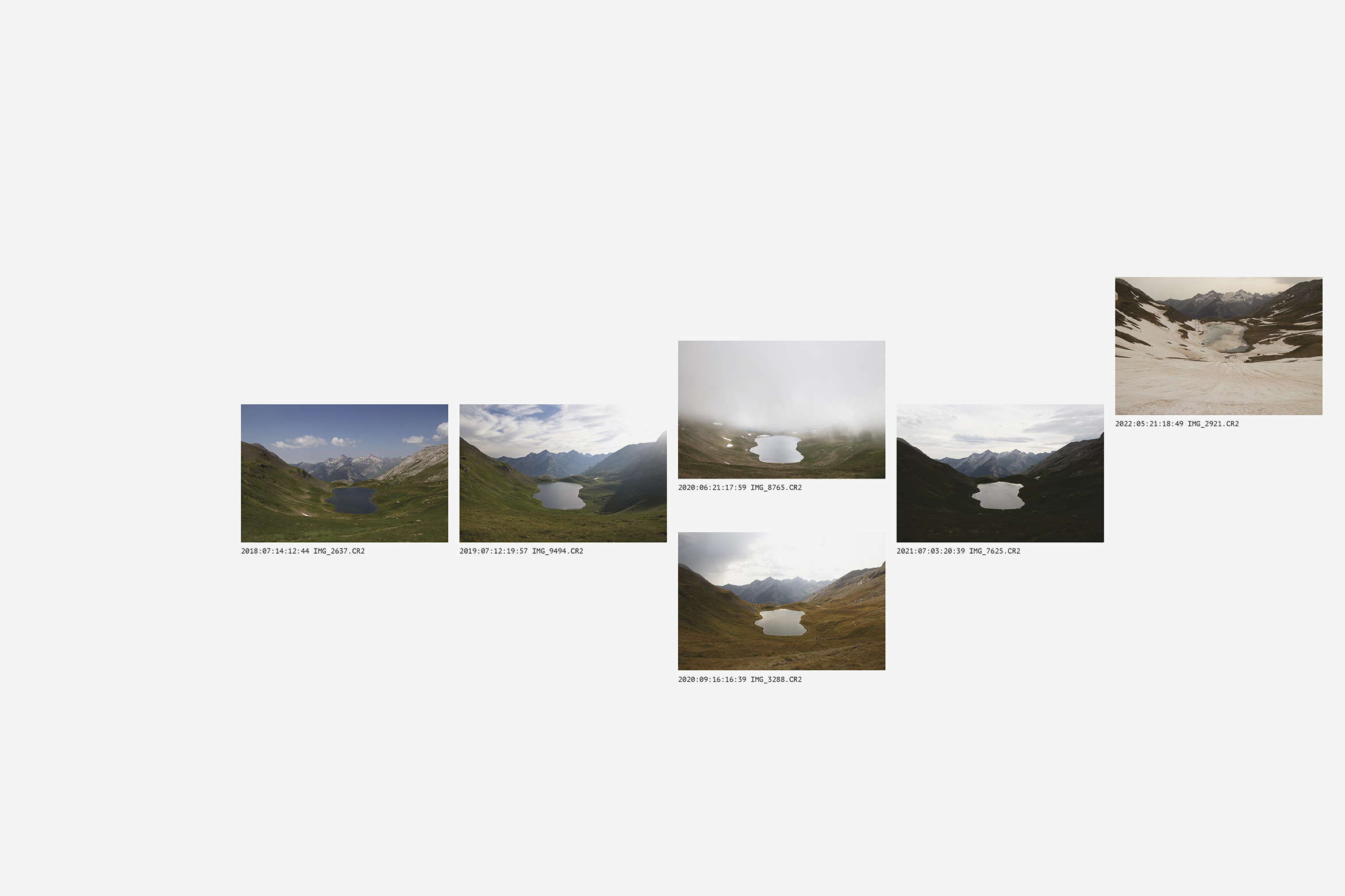 Almanach, Gilles Sage, planche photographique, représentant le même lac à différentes périodes