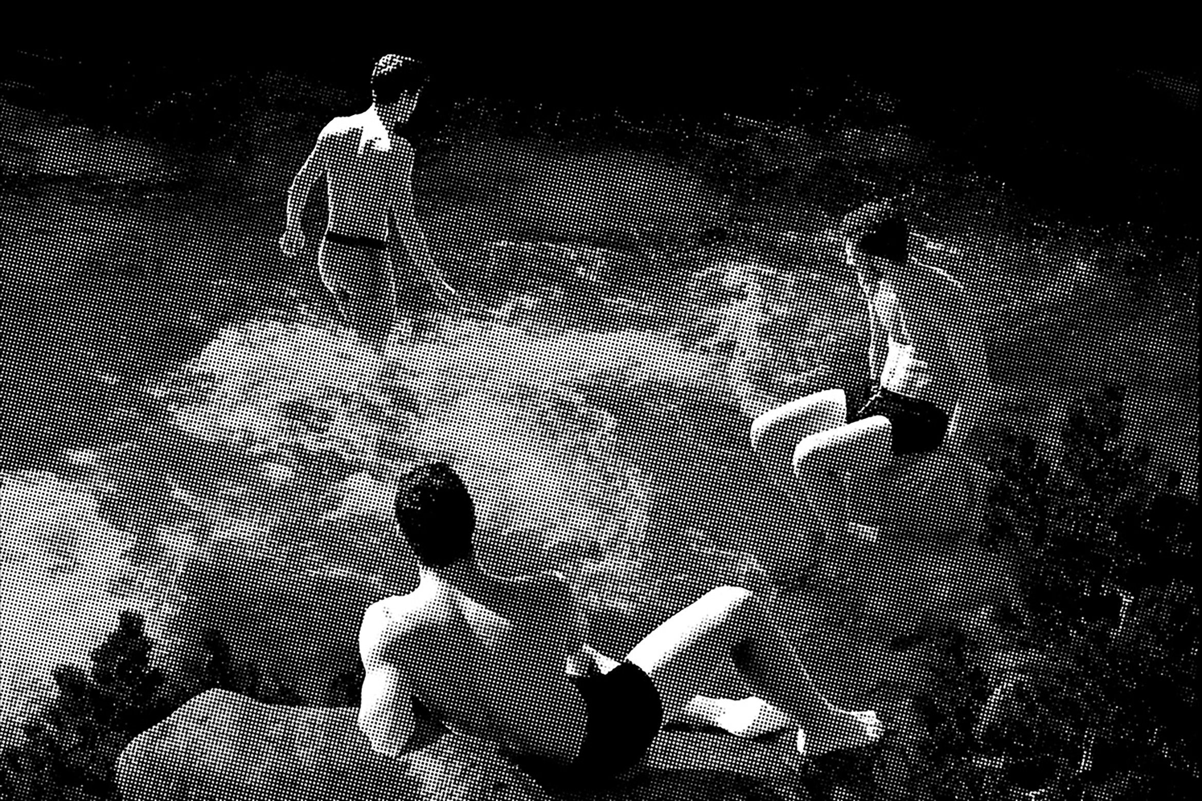 Swimmers 2, Gilles Sage, baigneurs, éphèbes, linogravure, trame de demi-teinte